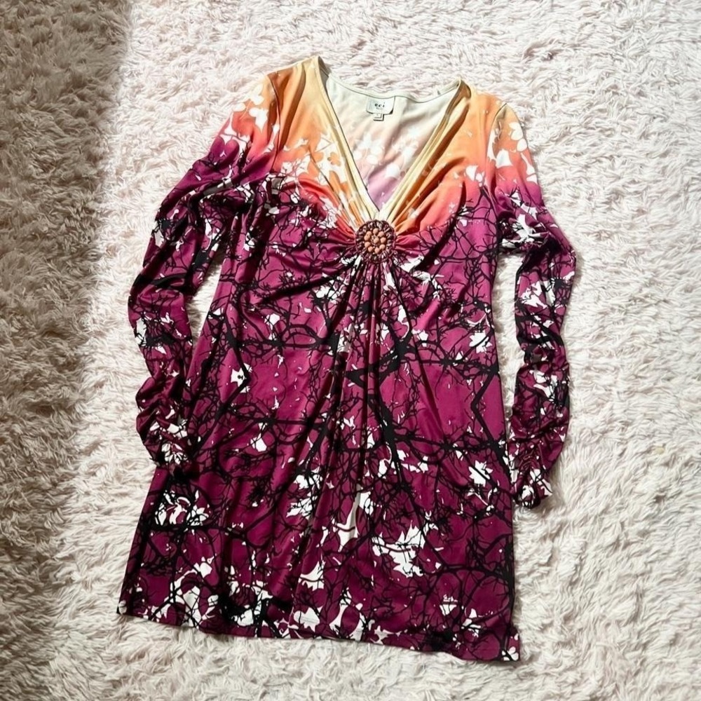 Statement Ombré Abstract Y2K Lagenlook Beaded Dress Womens L Indie Colorful Bold